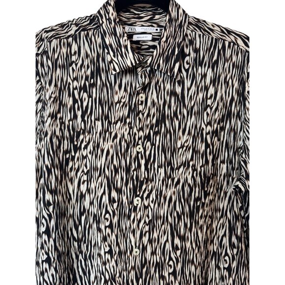 2/$30 Zara Size M Womens Zebra Choc Brown Black Ivory Print Button-Up Blouse - Picture 7 of 10